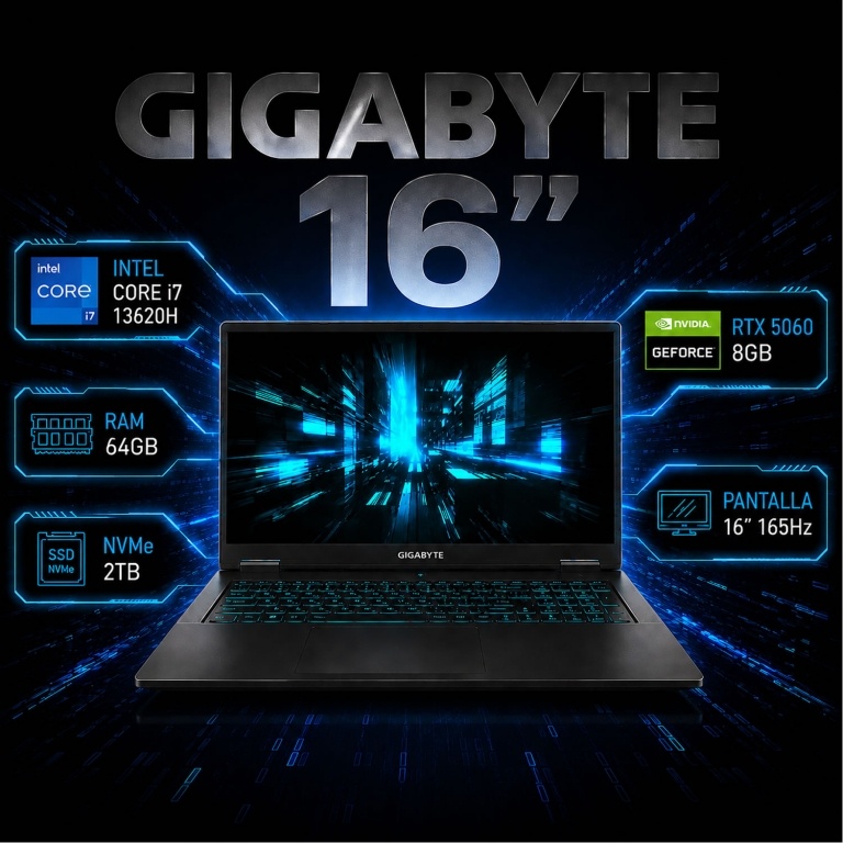 Notebook Gamer GIGABYTE A16 CVH I3LA894 Intel Core i7 13620H - RTX 5060 8Gb - 64Gb - 2Tb - Pantalla 16 FHD+ 165Hz