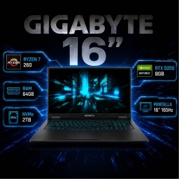 Notebook Gamer GIGABYTE A16 3TH K3LA893SH AMD Ryzen 7 260 - RTX 5050 8Gb - 64Gb - 2Tb - Pantalla 16 FHD+ 165Hz